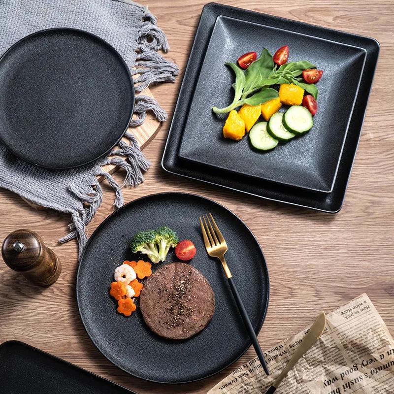 Simple Ins Wind Tableware Black Frosted Ceramic Plate Round Square Western Plate Steak Plate  Household Dinner Plates
