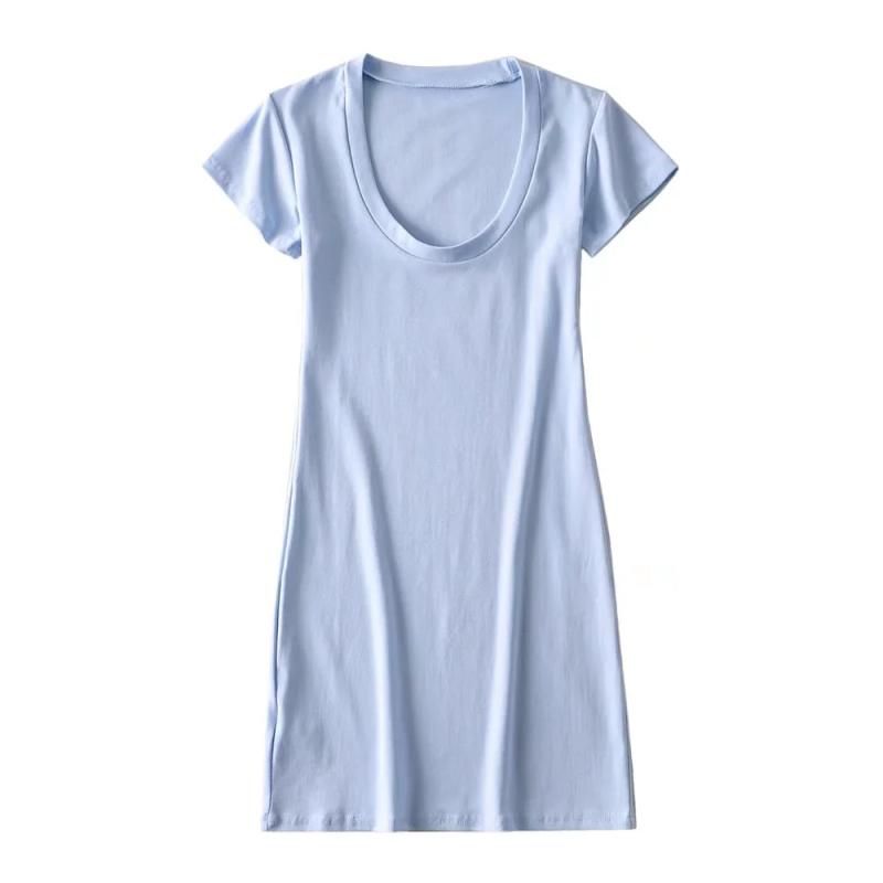 

Summer New Short Sleeve Low round Neck Dress Silm Sheath Pure Color Sexy Simple European and American Style Wind Elastic Bottoming Skirt Sky Blue S