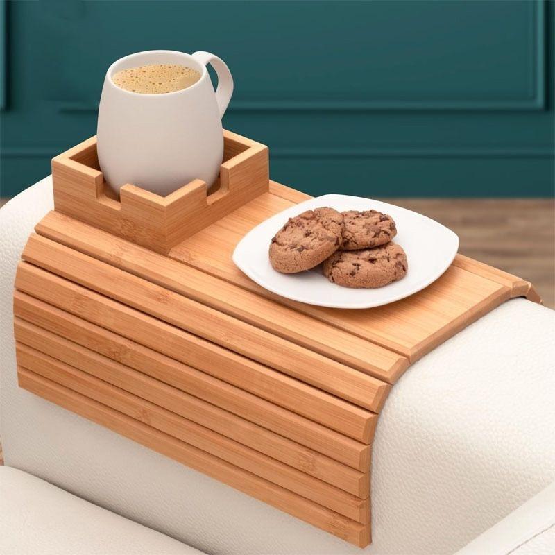 Bamboo Sofa Armrest Folding Tray with Coffee Cup Holder Food Tray Stable Multiple Styles Portable for Sofa Storage Decor Tray