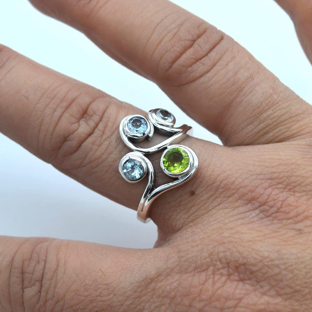 Natural Peridot and Blue Topaz Ring With Gemstone 925 Sterling Silver Ring Handmade Stone Solid Round Cut Stone Jewelry for Women - 1.87 Cts
