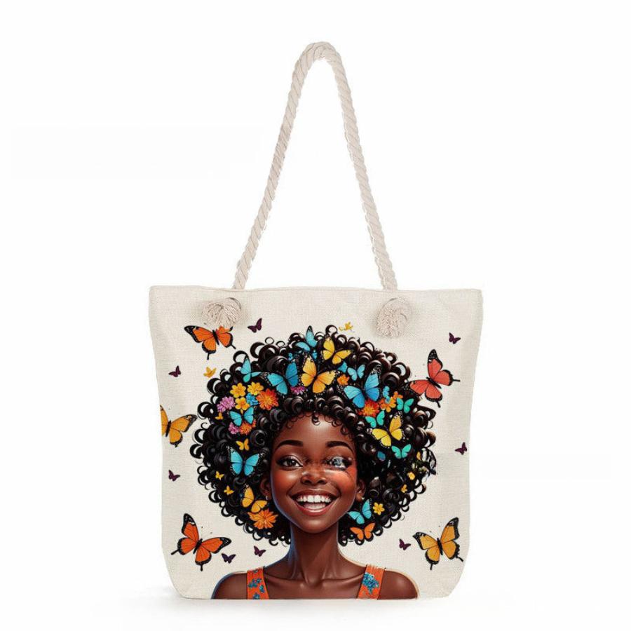 Multifunctional Fashion Black Girl Printed Thick Rope Shoulder Beach Bag Casual Large Capacity Handbag 0123 CLE