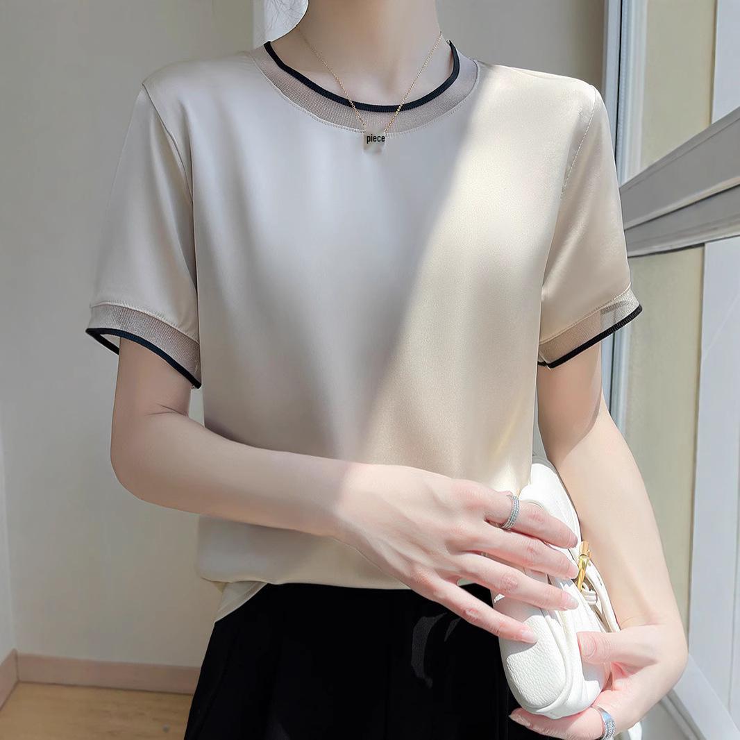 

2025 Жіночий топ з шовку малбері, атласу та сітки з V-подібним вирізом та короткими рукавами XL