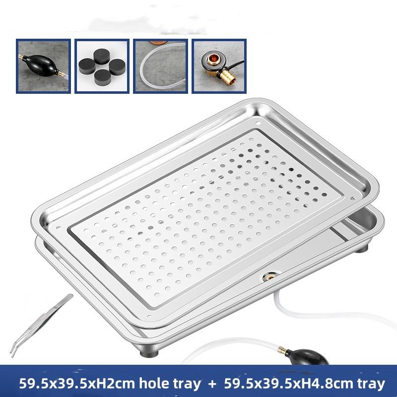 Stainless Steel Rectangle Dinner Tea Tray Double 2 Layer Dumpling Oil Leaking Hole Basin Steaming Draining Hole Plate with Basin