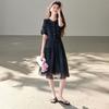 26 year summer dress, high-end and elegant round neck short sleeved skirt, A-line skirt, waist cinching and slimming black dress, skirt