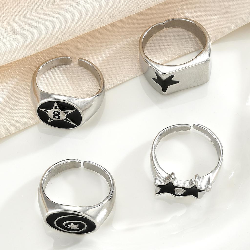 4 Pcs Punk Black Star Rings Set for Women Men Fashion HipHop Silver Color Geometric Thick Finger Ring Y2K Unisex Jewelry Gifts