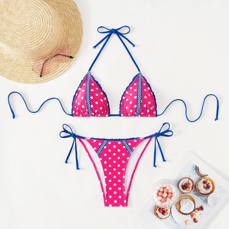 

2024 Pink Lace-Up Sweet Edge Bikini with European & American Print Small