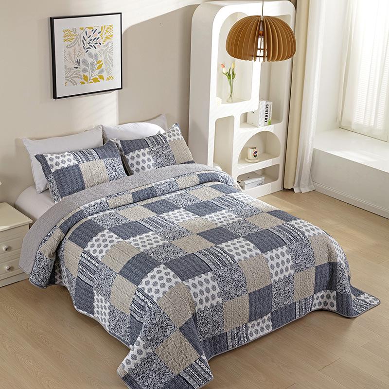 Double-Sided Pure Cotton Plaid Quilt & Pillowcase Set for Double Bed