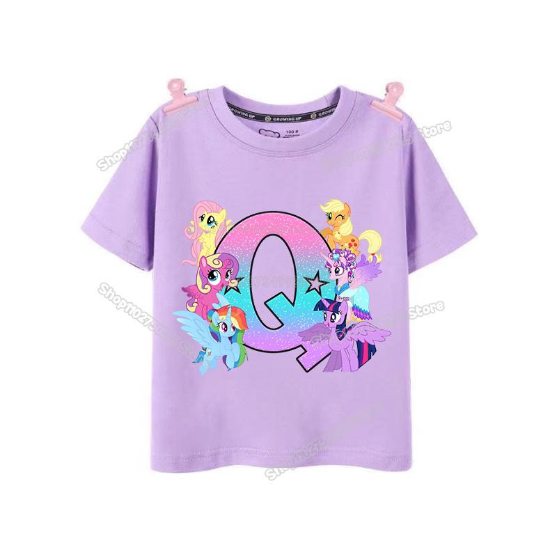 My Little Pony Girl T Shirt Twilight Sparkle Letter AZ TShirts Cartoon Kids Short Sleeve Tee Tops Casual Children Clothes