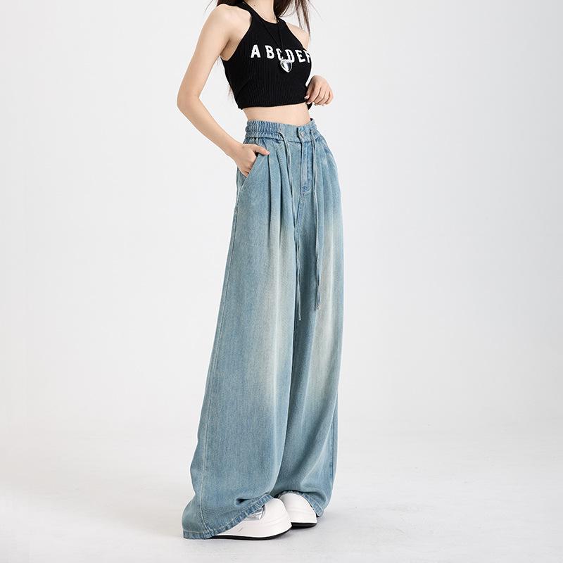 Summer Luxury Soft Cozy Lyocell Fabric Woman Jeans Loose Wide Leg Elastic Waist Pants Casual Trousers Plus Length