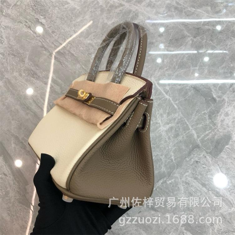 Cross-border Lychee Pattern Color Matching Platinum Bag Cowhide Women's Bag Contrasting Color Handbag Large Capacity Shoulder Crossbody Wedding Bag