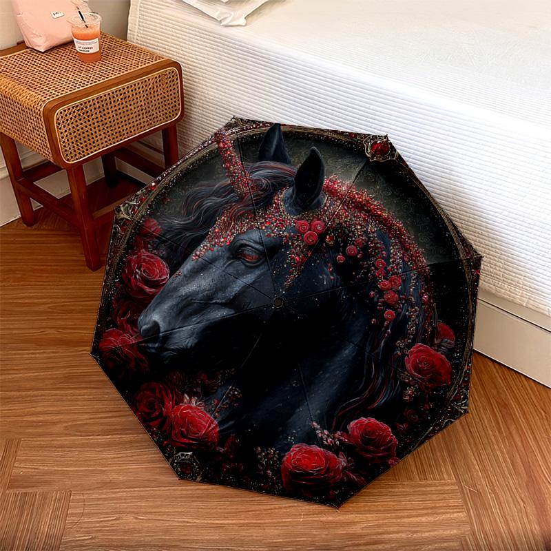 1 PC Automatic Folding Umbrella - Black Horse Pattern, Portable & Foldable Design with 8 Ribs, Christmas Birthday Gifts