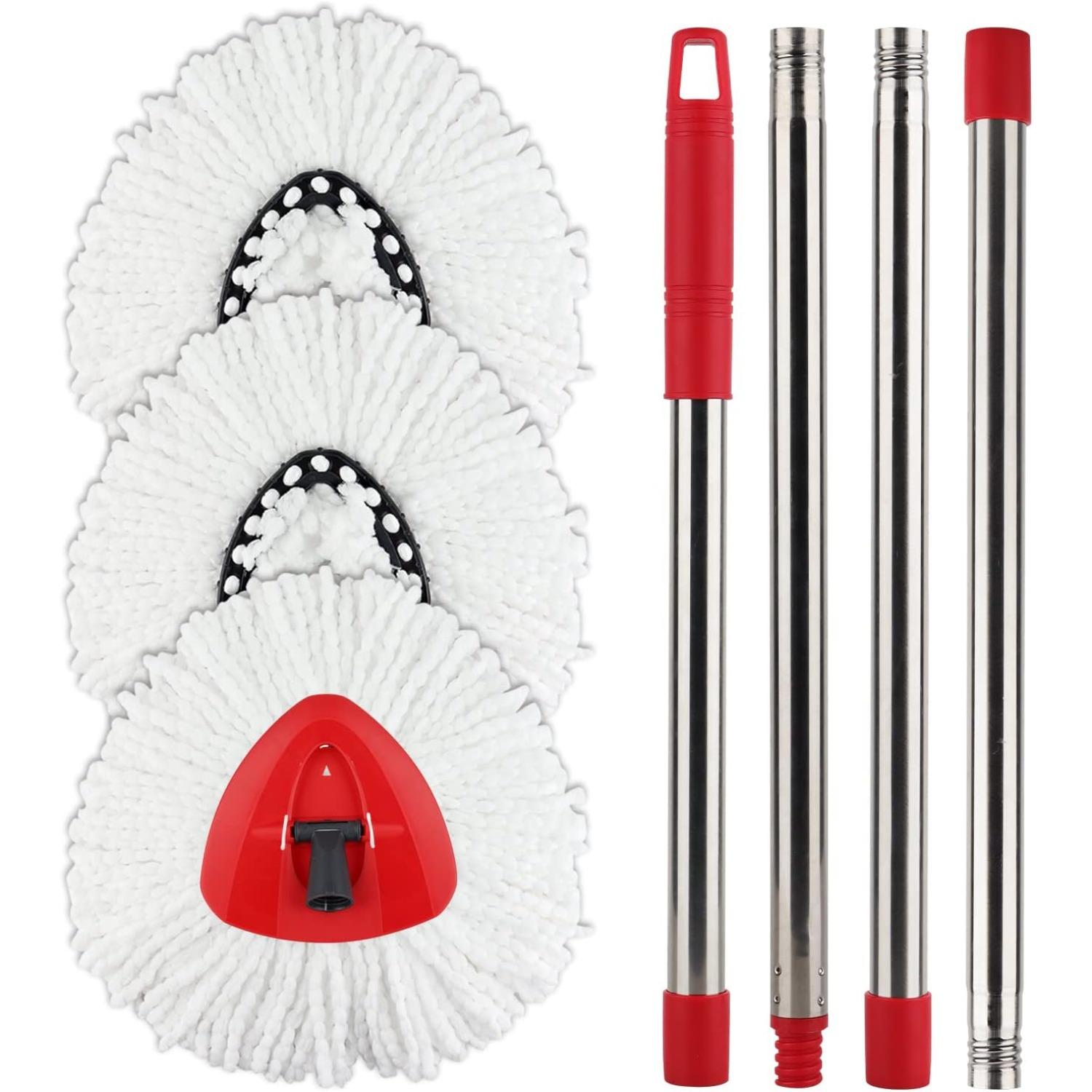 Spin Mop Replacement Head with 1 Rotating Mop Base and 1 Handle - EasyWring Mop Refills Compatible with Rotating Triangle SpinMop