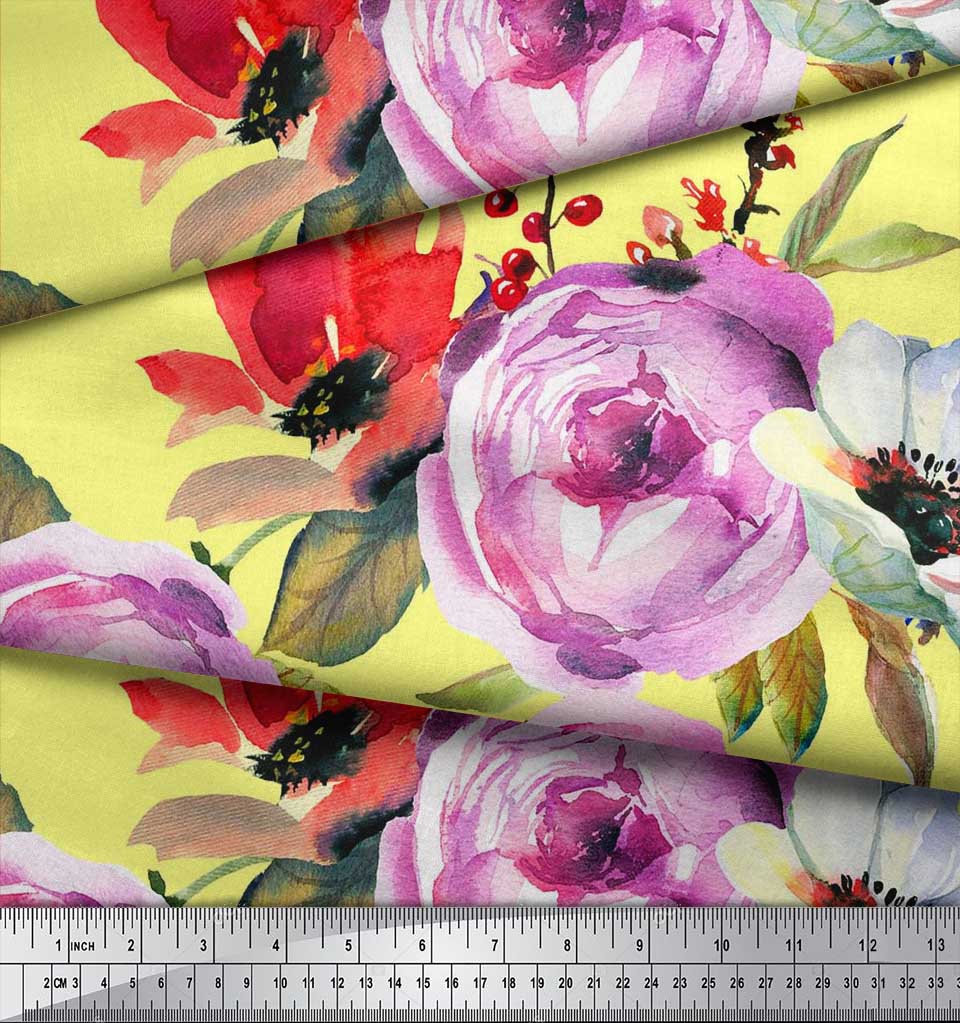 Soimoi Japan Crepe Satin Fabric Leaves,Poppy & Peony Flower Decor Fabric Printed Metre 42 Inch
