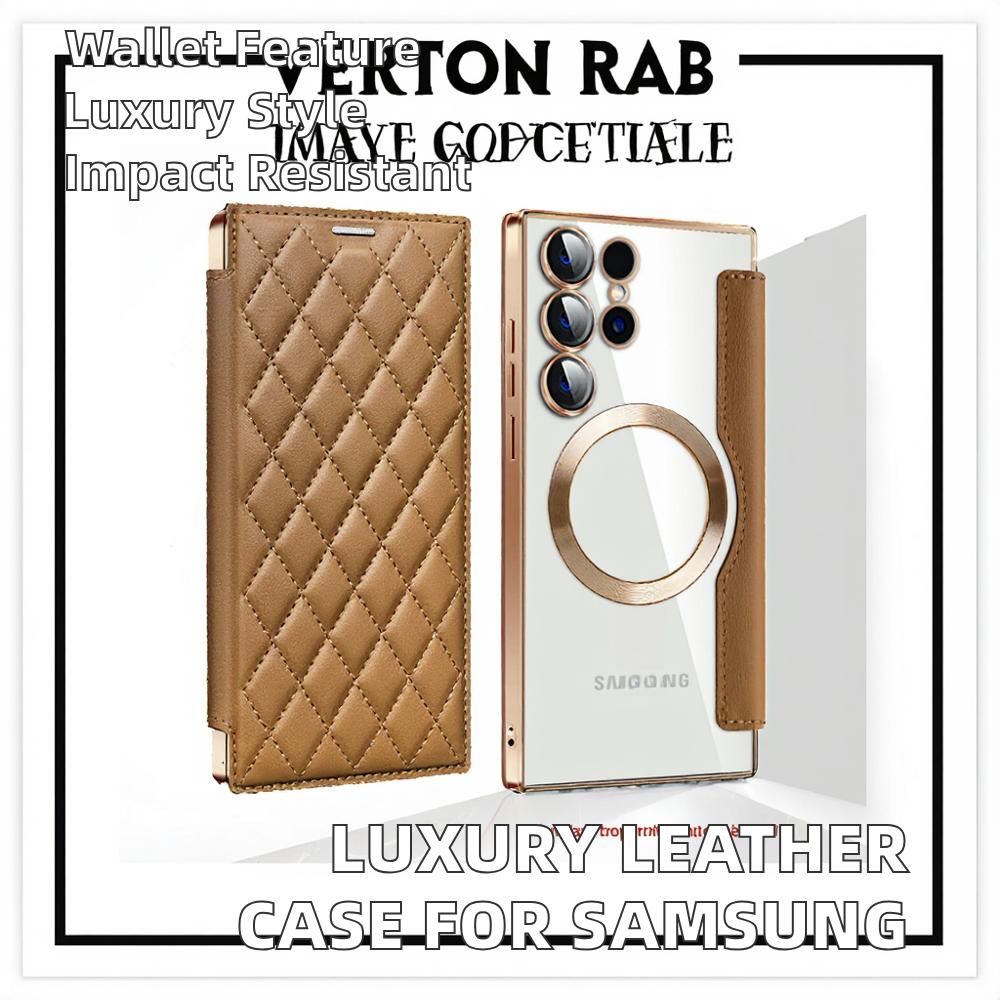 Luxury PU Leather Electroplate Magnetic Card Holder Phone Case for S22 S24 Ultra S25 Plus FE Transparent Shockproof Back