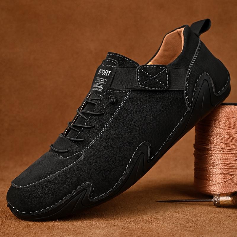 Spring Newest Leather Men Casual Shoes Hand Made Flats Sneakers Men No-Tie Elastic Laces Soft Moccasins Footwear Plus Size 38-48