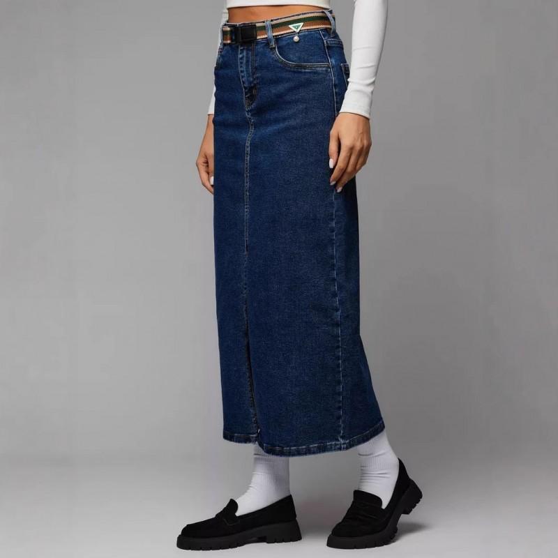 

Russian New Split Denim Skirt High-rise Washed A-line Mid-length SKIRTS 30 темно-синий