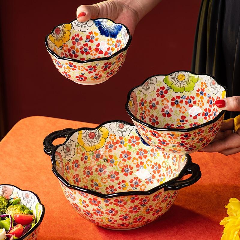 Manhua Yanhong Dish Set Household Retro Tableware Ceramic Large Bowl Rice Bowl Soup Bowl Noodle Bowl Plate Vegetable Plate