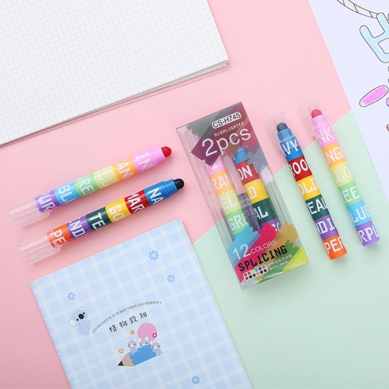 2Pcs Multicolor Highlighter 12-Color-in-1 Marker Round Broad Tip For Kid Card Making Journal Notebook Coloring Doodling