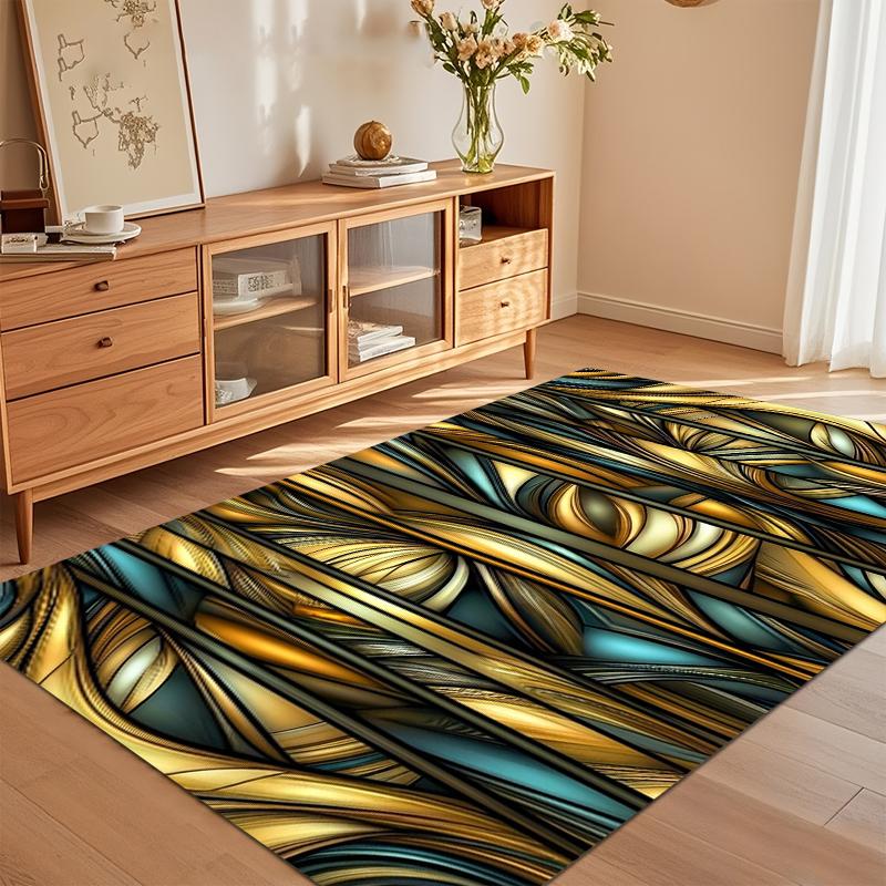 

Luxury Gold Teal Abstract Stained Glass Area Rug Non Slip Soft Floor Carpet for Living Room Bedroom Entryway Glam Artistic Decor 40X60cm