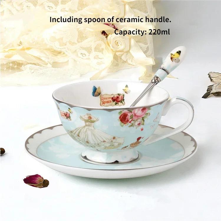 Romantic European Coffee Cup Saucer Set, Creative Ceramic Cup, Advanced Valentine Flower Tea Teacup Gift, Porcelain Drinkware