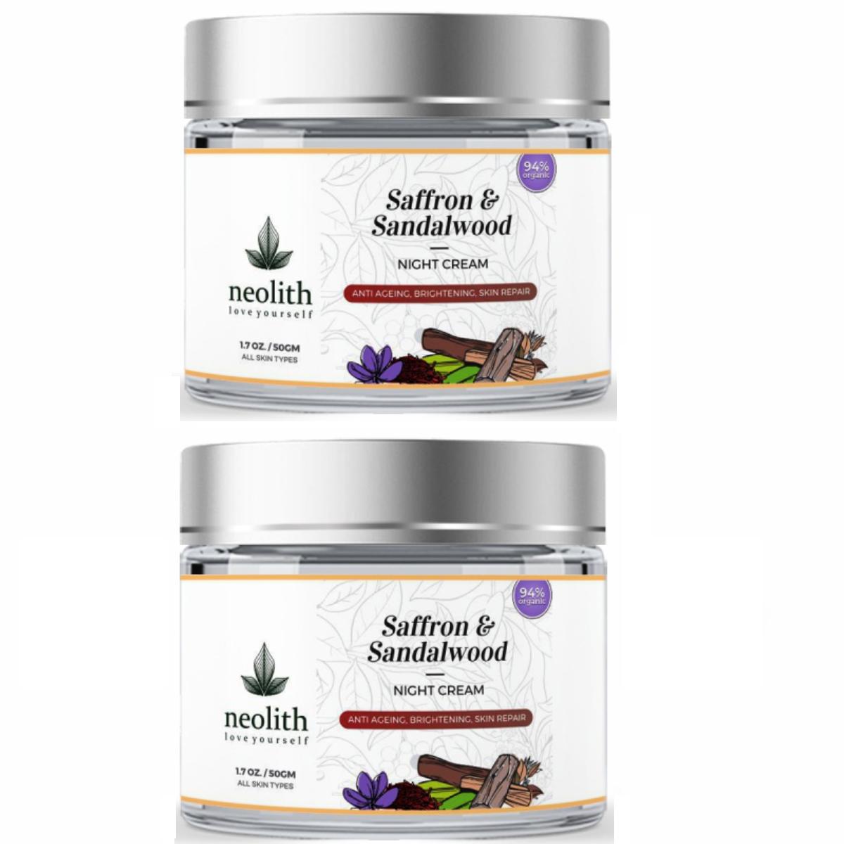 

Ночной крем Neolith с шафраном и сандаловым деревом | 94% органический | Ночное восстановление кожи, Антивозрастное, Для сияющей и молодой кожи | Без силикона, минерального масла, парабенов 100 ML белый