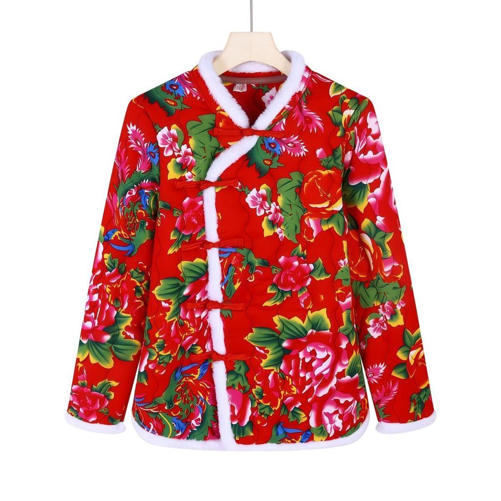 Retro Floral Chinese Style Cotton Padded Jacket for Middle-Aged Women