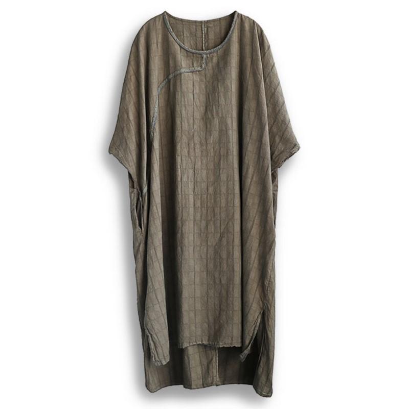 Johnature Women Vintage Jacquard Dresses O-Neck Half Sleeve Robes Chinese Style Summer Striped Women Loose Dresses