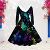 Women Plus Size V Neck Faux Fur Trim Long Sleeve Pink Gold Marble Print A Line Midi Dress With Belt