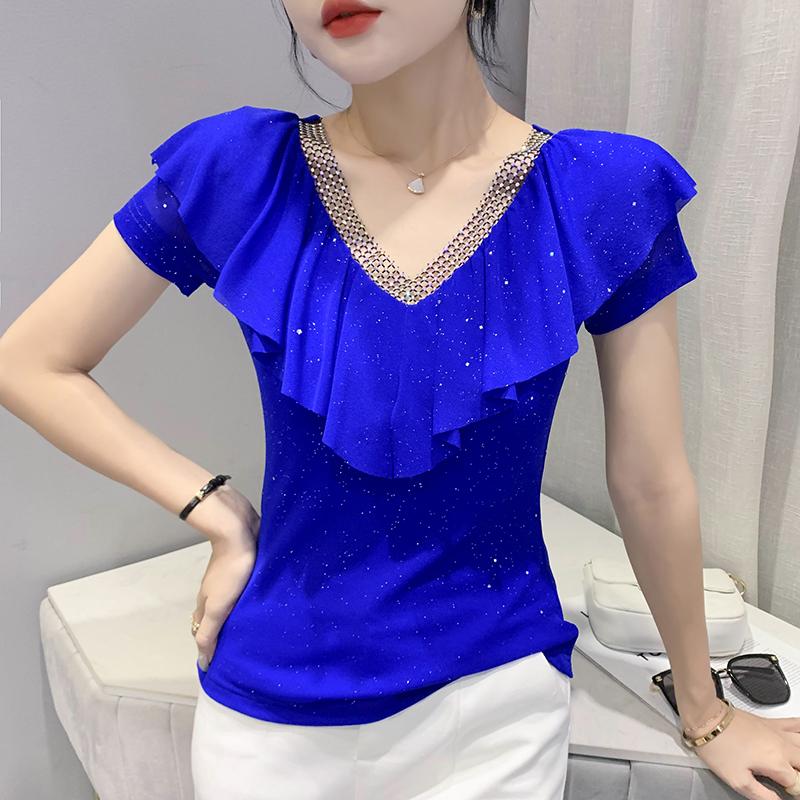 Summer Short Sleeved V Neck Women's T Shirt Elegant Slim Hot Drilling Ruffles Mesh Tees