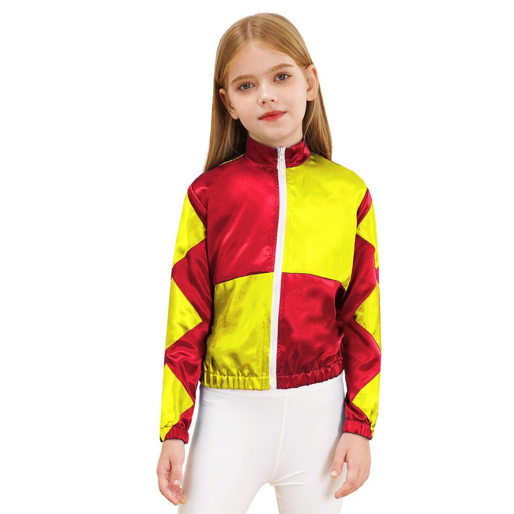 Girls Horse Riding Costume Long Sleeve Color Block Zipper Jacket Patchwork Design Halloween Dress Up