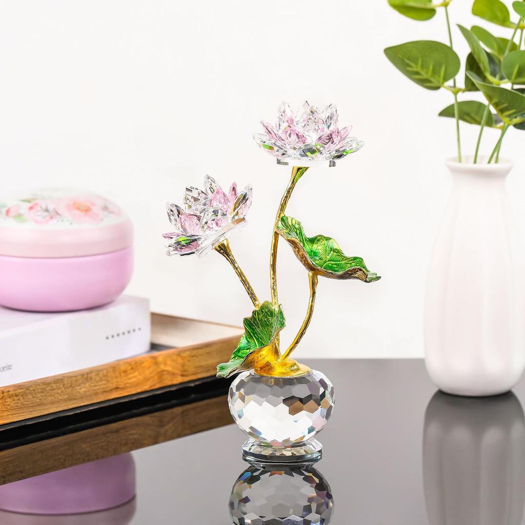 Kertari Crystal Lotus Artificial Flower Interior Ornament Lucky Charm K9 Crystal Glass Lotus Flower Metal Lotus Leaf Feng Shui Item Everlasting Flower