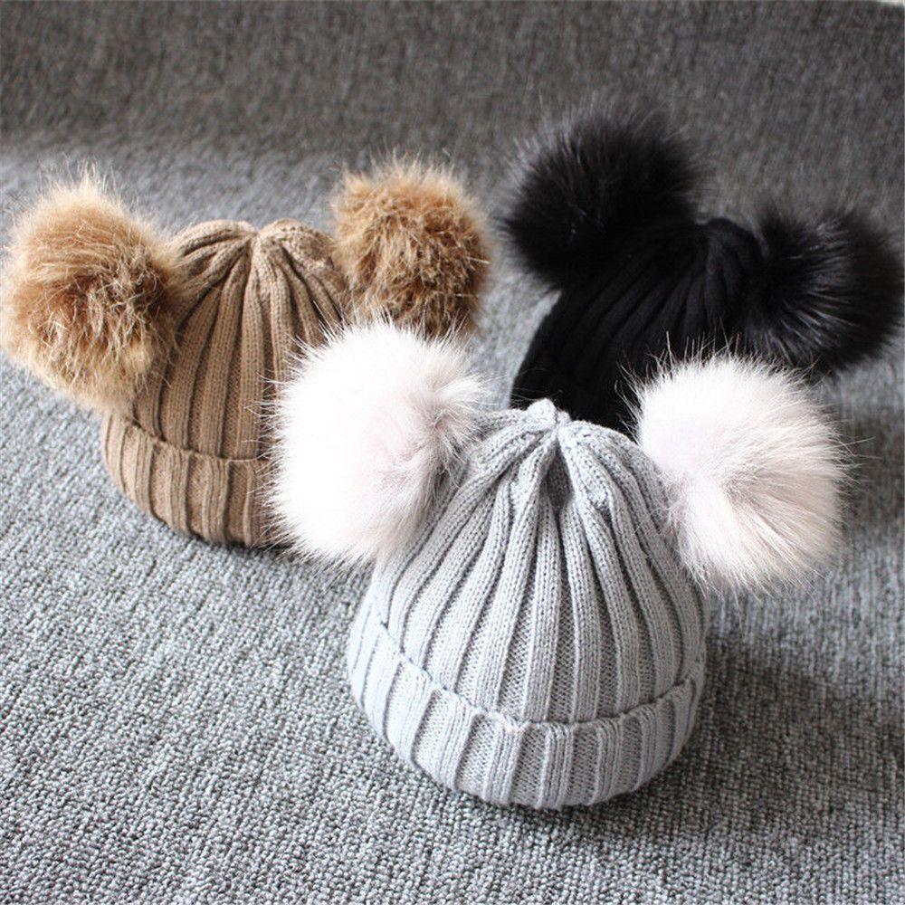 Winter Pom Windproof Kids Knitted Hat Baby Beanie Cap Bobble Hat Warm