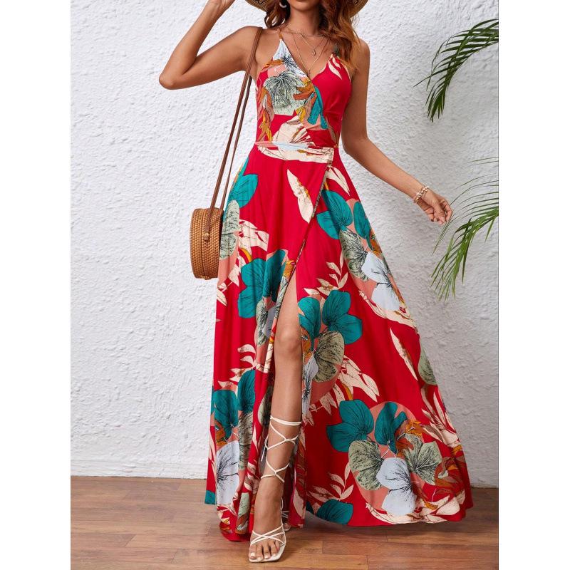 Tropical Print High Slit Strap Dress - European & American Style