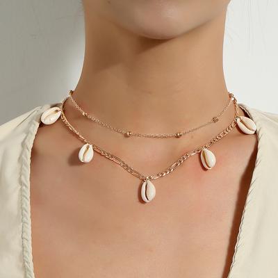 Europe, America, Fashion Personality Versatile Shell Pendant Necklace Women, Double Metal Round Bead Chain Necklace