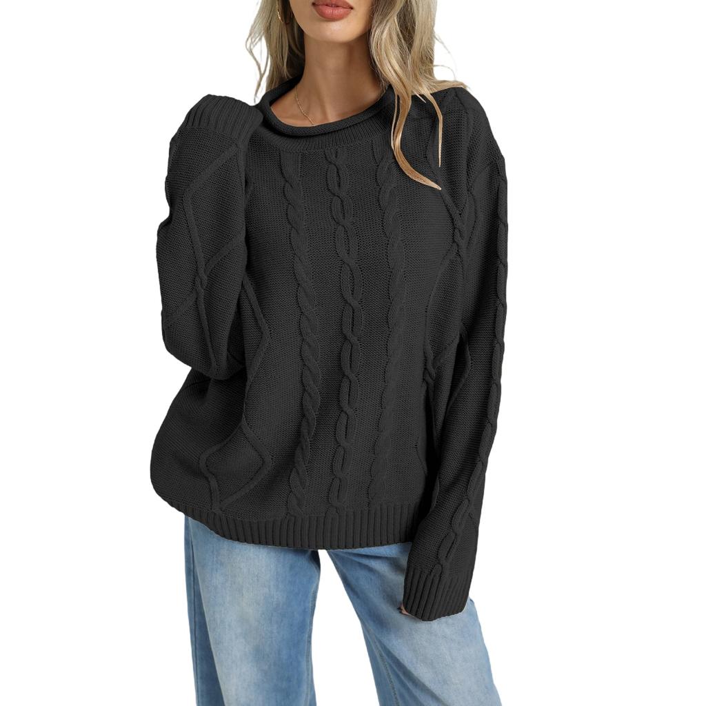 Damen Zopfmuster Pullover Langarm Rundhals Pullover Farbe Lässiges Oberteil