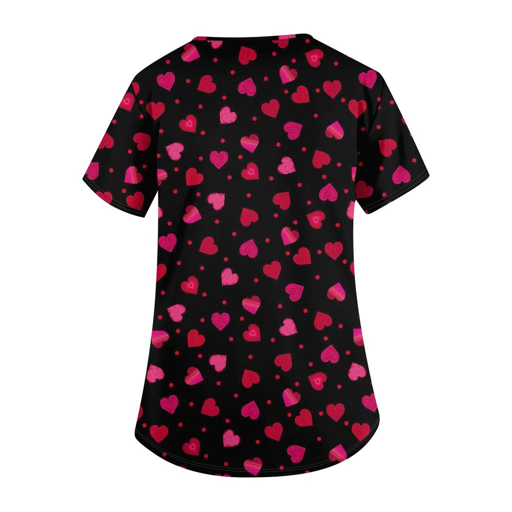 Women's Cute Bow Printed Work Clothes V-neck Double Layer Pockets Basic Short Sleeve Top Pullover