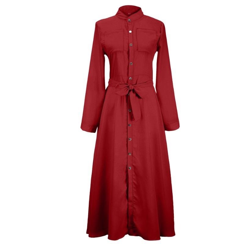 New Fashion Long Sleeve Plus Size Chiffon Dress Women Clothing Solid Button Up Lace-up Midi Loose Dress Woman Elegant Round Neck Casual Dresses 24772