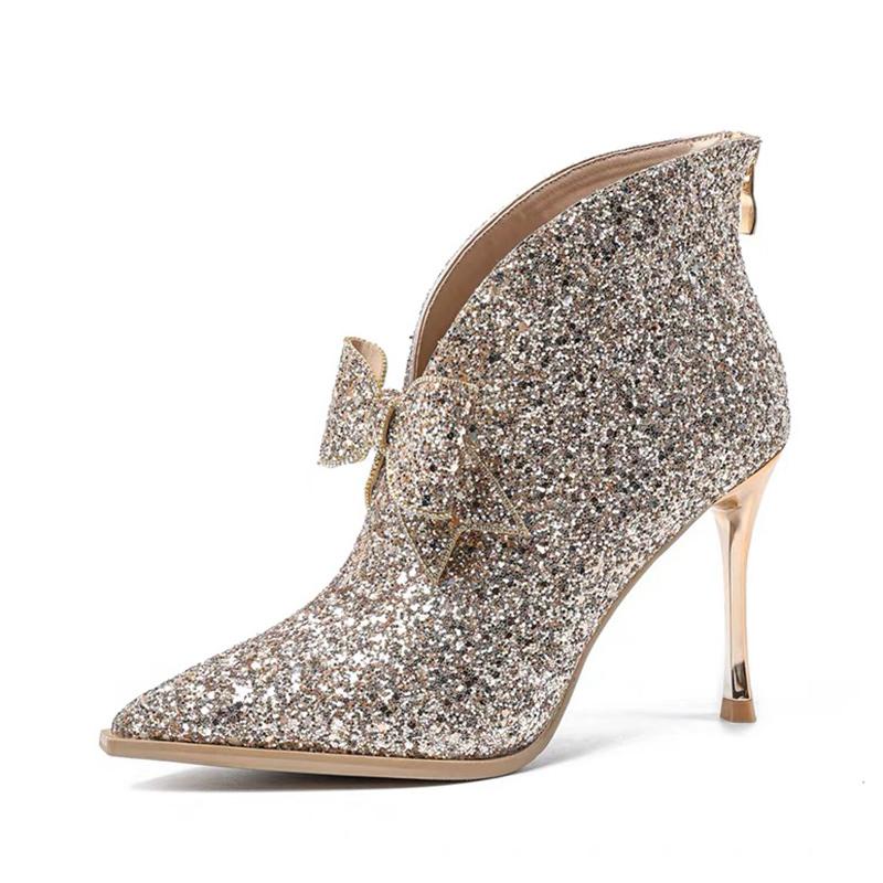 Bow Bling Women Ankle Boots Pointed Toe High Heels Elegant Shoes 2025 Trend Winter Fad Dress Pumps Designer Goth Botas De Mujer