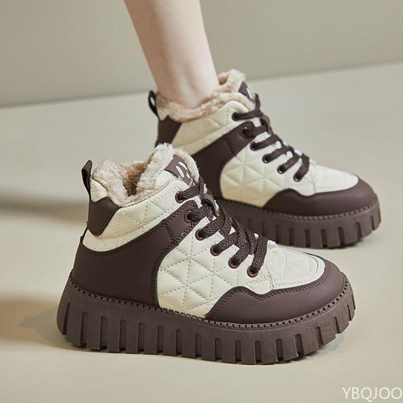 Fashion Women's Cotton Shoes Plush Winter Thick Sole Comfort Anti Slip Warm Ankle Boots Lace Up Platform Height Increasing Boots