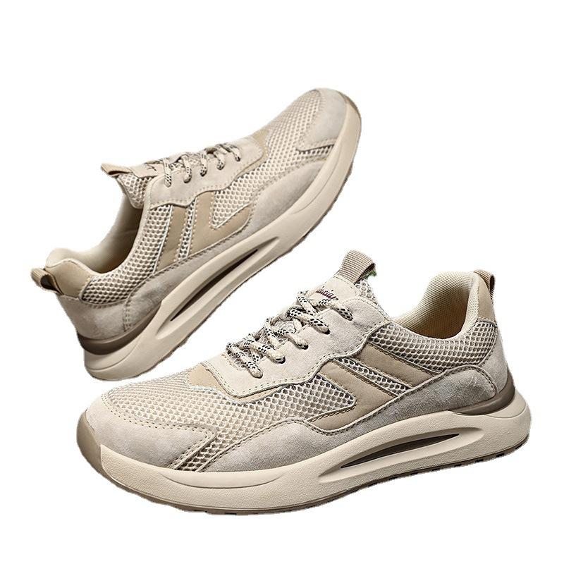 2025 spring new large size casual mesh breathable first layer leather sports men's shoes outdoor mesh hollow jogging men