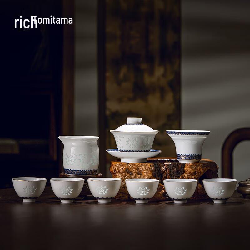 Jingdezhen White Porcelain Tea Set - Good Fortune Lotus, 10-Piece