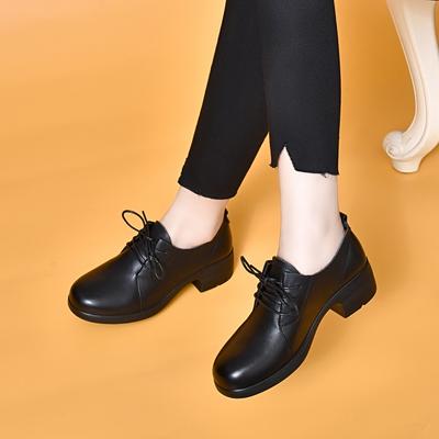 Runde Schnürschuhe aus kleinem Leder für Damen, schwarz, aus erster Schicht Rindsleder, mit dickem Absatz, Arbeitsschuhe, weiches Leder