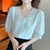 Summer  Office Lady Short Sleeve White Shirt Fashion Hollow Chiffon Women Blouse And Tops Elegant V-Neck Clothes Blusas 20201