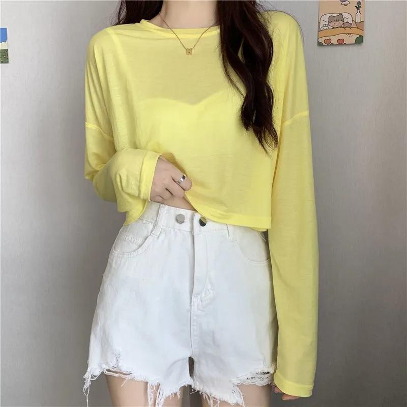 Damska Letnia Bluzka z Długim Rękawem Plus Size Cienka Jednolity Kolor Prosty Top z Filtrem Przeciwsłonecznym