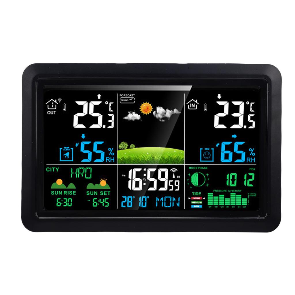 Weather Forecast Station Wireless 7.5 Inch Color Display Multi Functional Indoor Outdoor Thermometer Atomic Clock EU