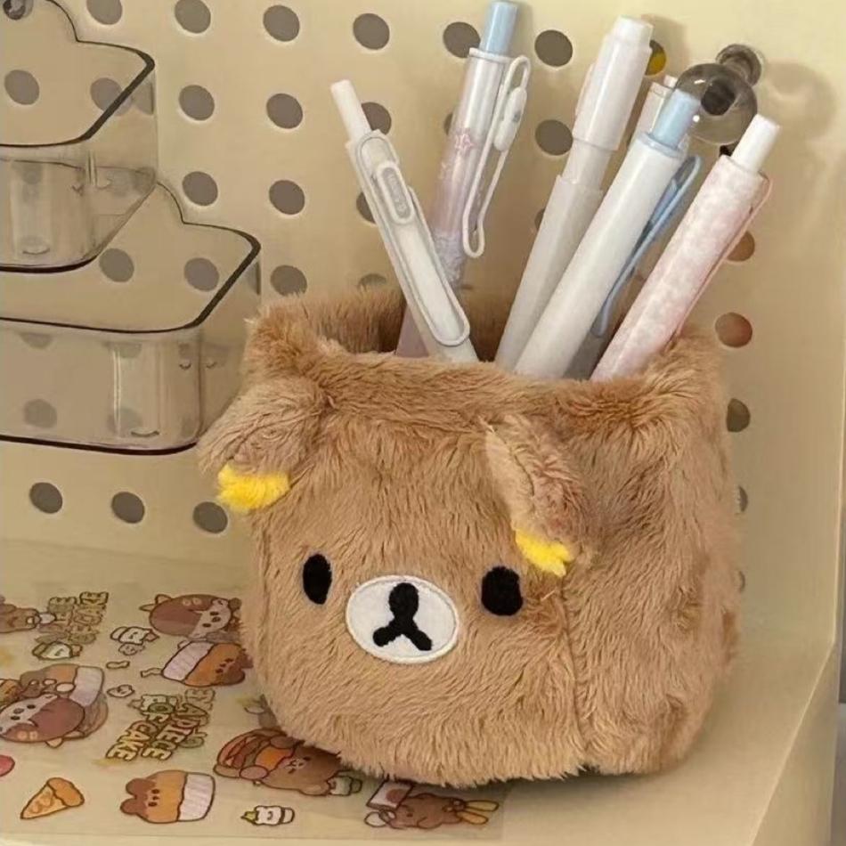 Plush Rilakkuma Storage Box Cute Aesthetic Desktop Pen Holder Stationery Sundries Organizer For Students Home Desktop Decoration