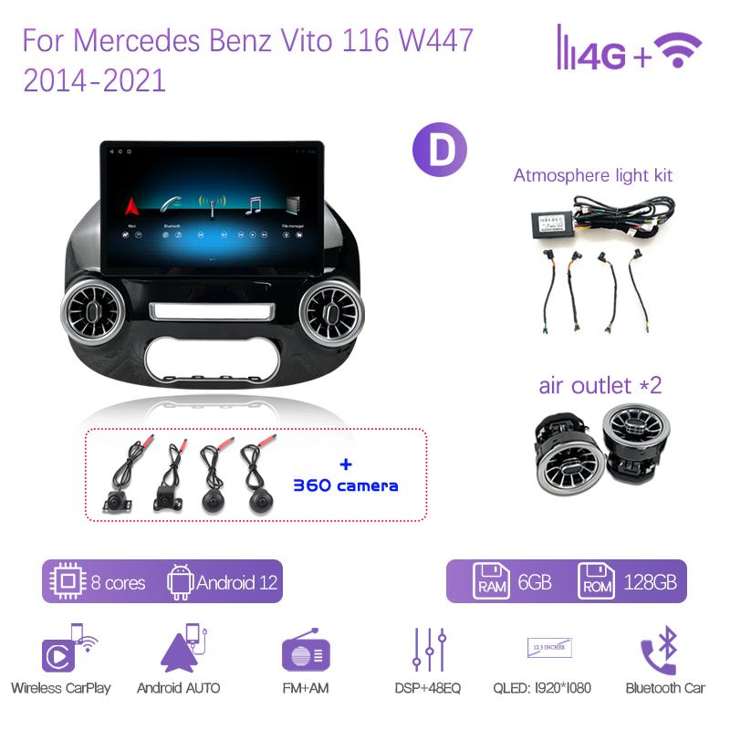 13.9Inch For Mercedes Benz Vito W447 2014-2025 Car Multimedia Player GPS Navigation Radio Android12 8+256G CarPlay 4G 360Camera