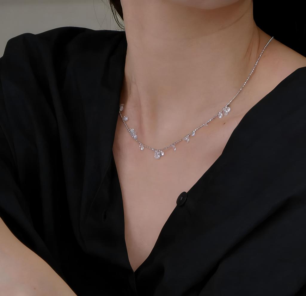 PANJBJ 925 Sterling Silver Crystal Water Drop Necklace for Women Sweet Romantic Versatile Temperament Jewelry Gift Dropshipping