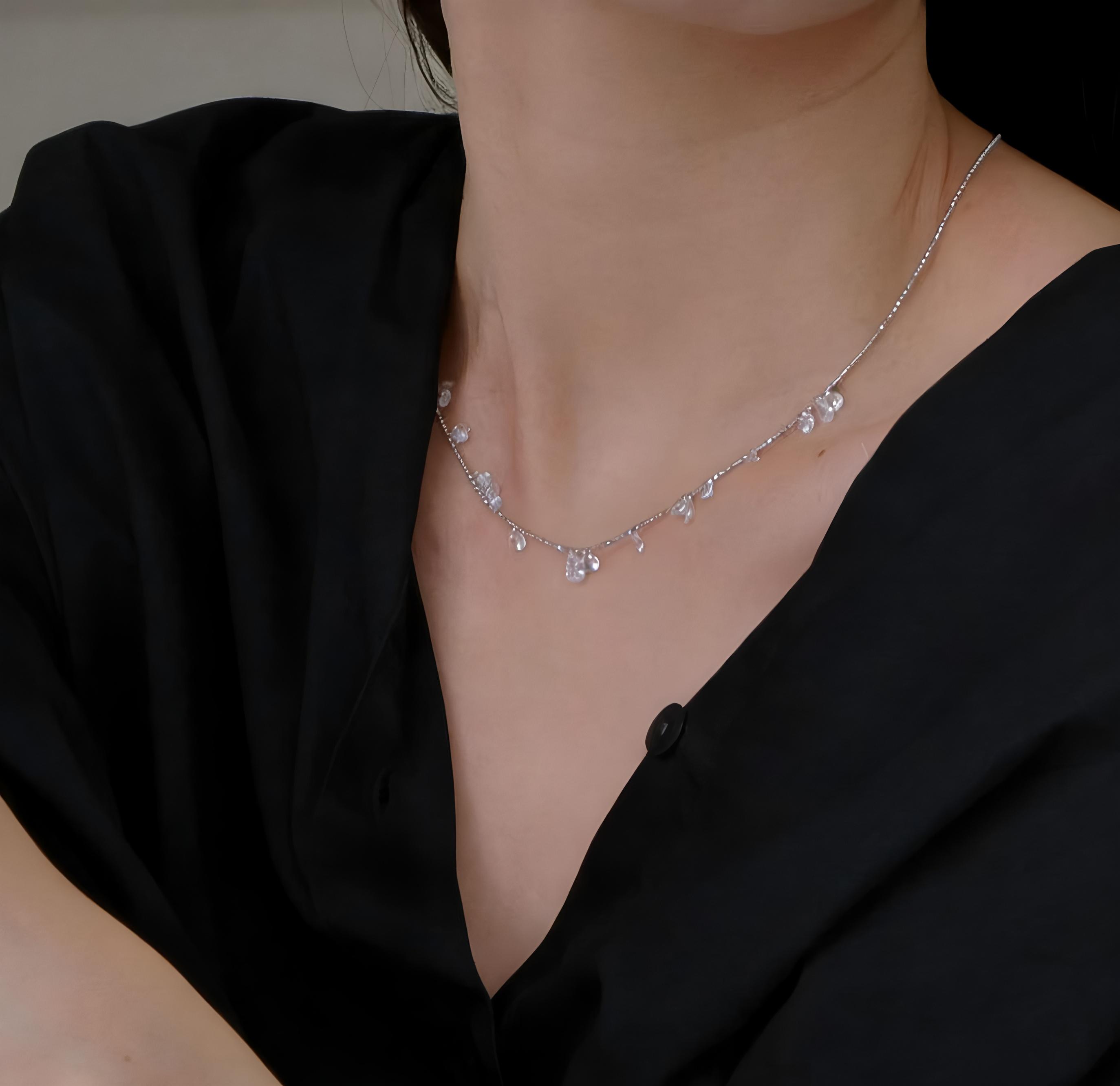 

PANJBJ 925 Sterling Silver Crystal Water Drop Necklace for Women Sweet Romantic Versatile Temperament Jewelry Gift Dropshipping