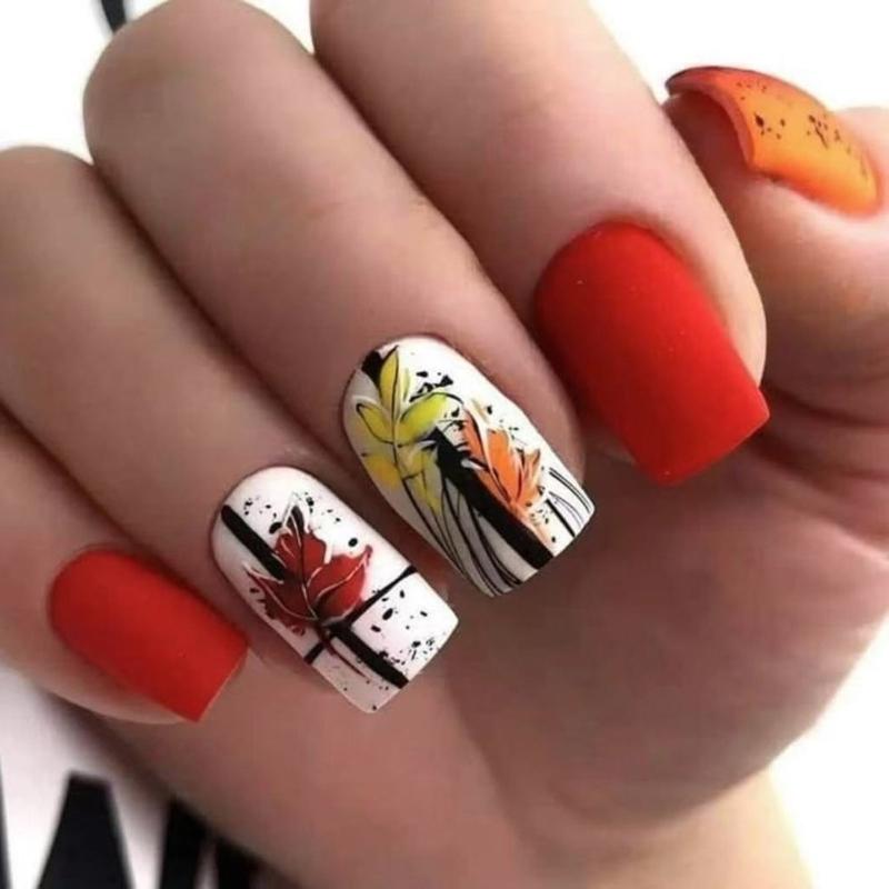 

Festive Matte False Nail Featuring Autumn Maple Leaf Patterns For Fall And Daily Wear 1